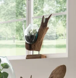 Faktorei Deko-Wurzel mit Glasvase in Tropfenform Teak-Holz